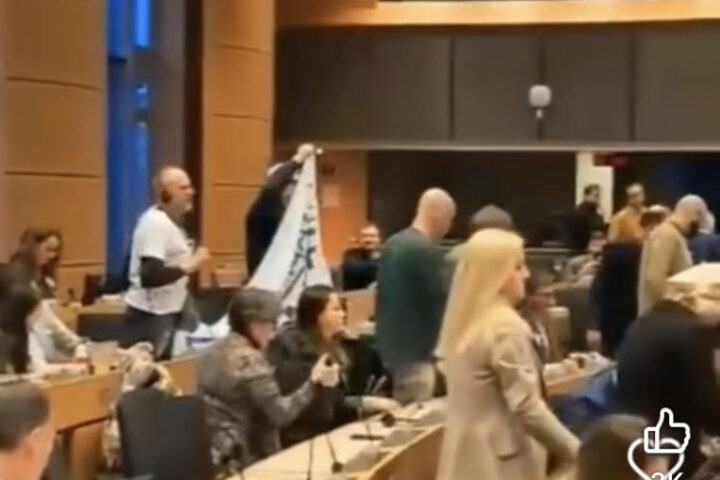 Aktivisti razvijaju baner u Evropskom parlamentu; Foto: snimak ekrana/Ne damo Jadar